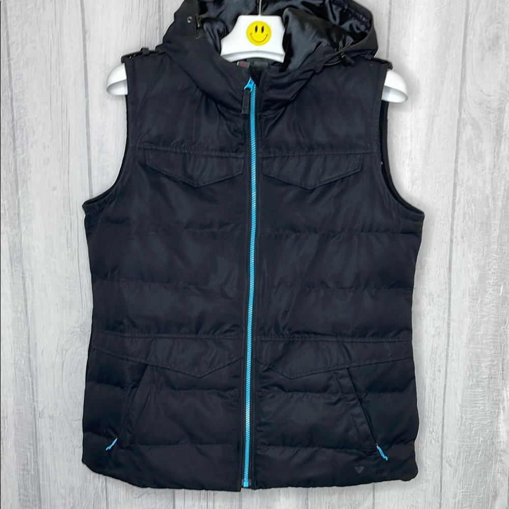 Obermeyer Dylan Black Down Vest with Blue Zipper.